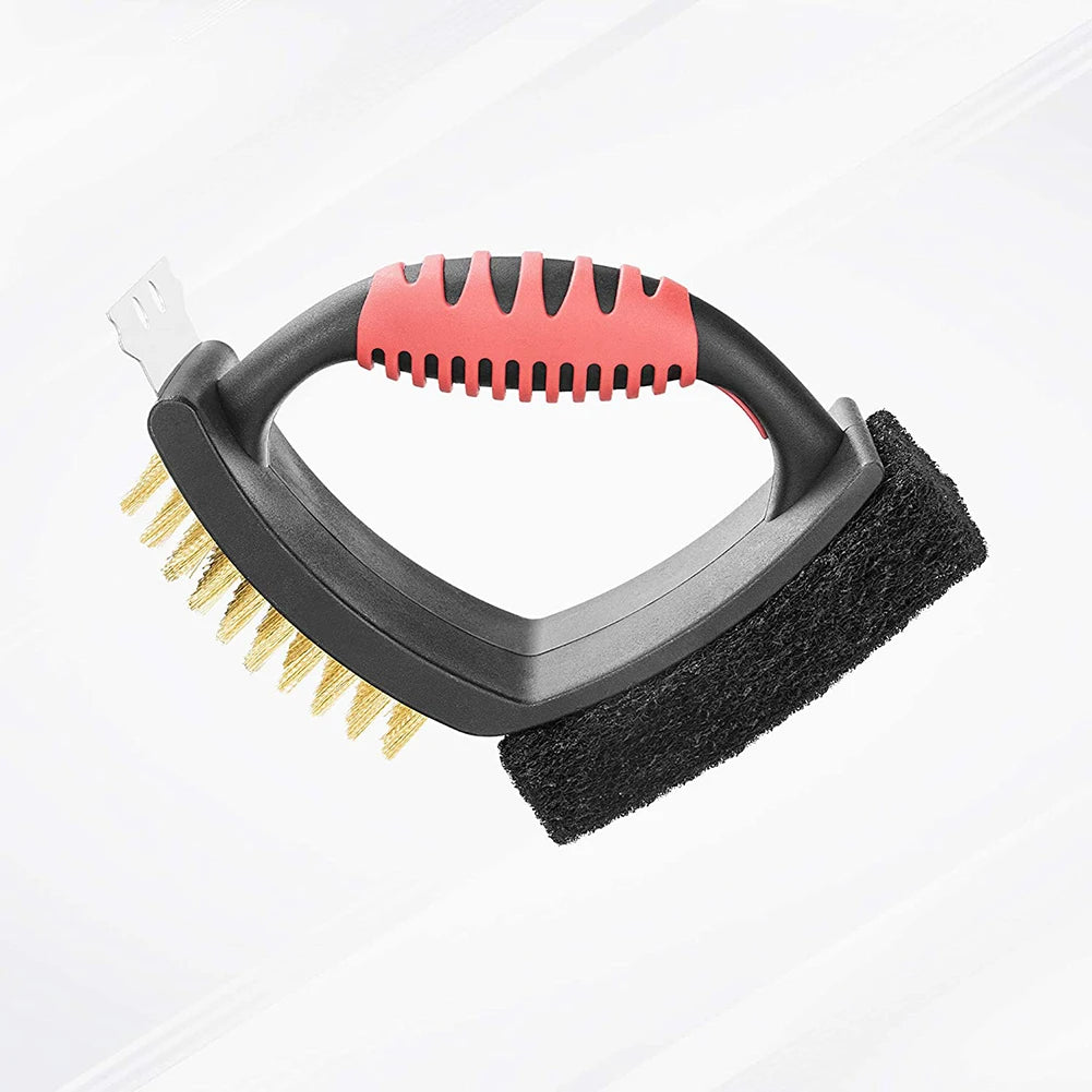 3-in-1-Grillbürste mit Messingborsten, Metallschaber und Scheuerpad für Grillroste – ca. 17 cm, hitzebeständiger Kunststoffrahmen, rutschfester Griff
