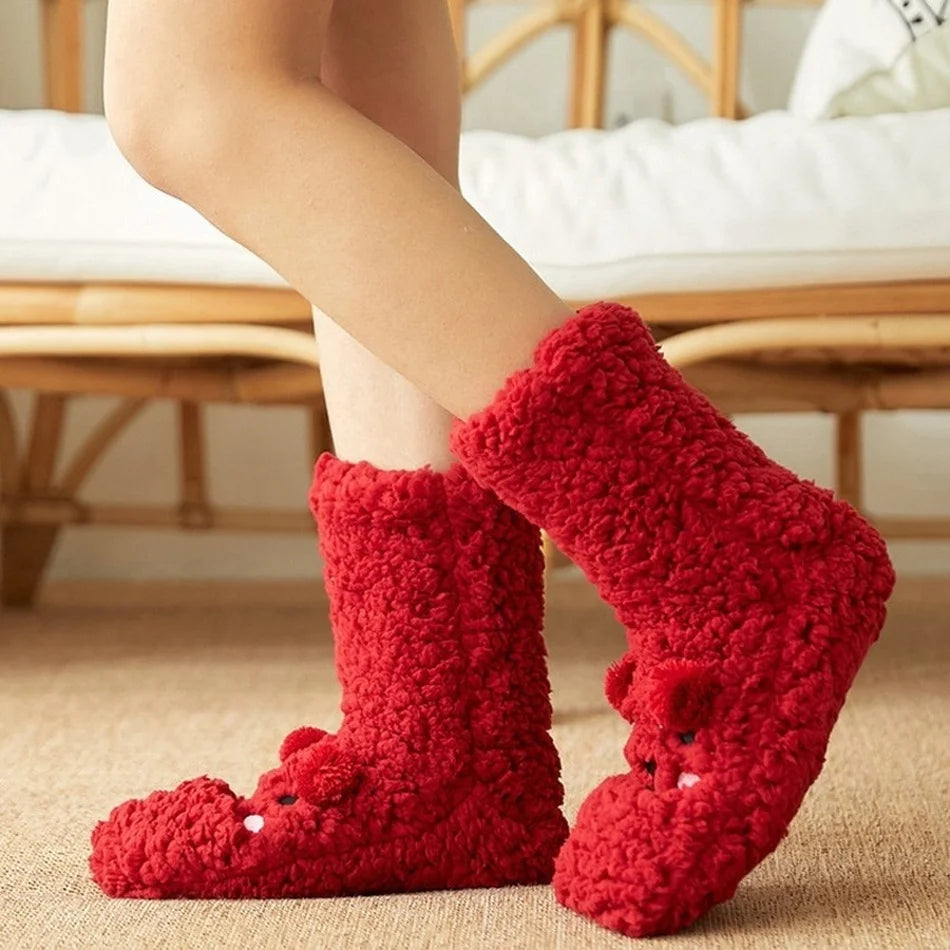 Kuschelige Fleece-Socken im Kawaii-Bären-Design für Zuhause, Sofa und Homeoffice – warme Haussocken in 7 Farben