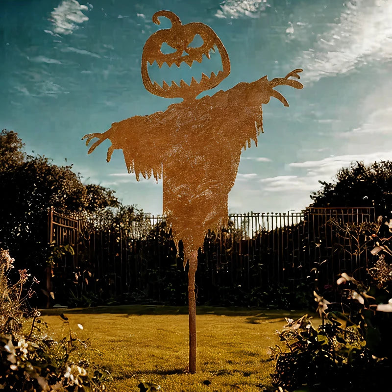 Rustikale Kürbis-Vogelscheuche aus geschmiedetem Metall als Gartendeko für Halloween und Herbst – Silhouette, wetterfest
