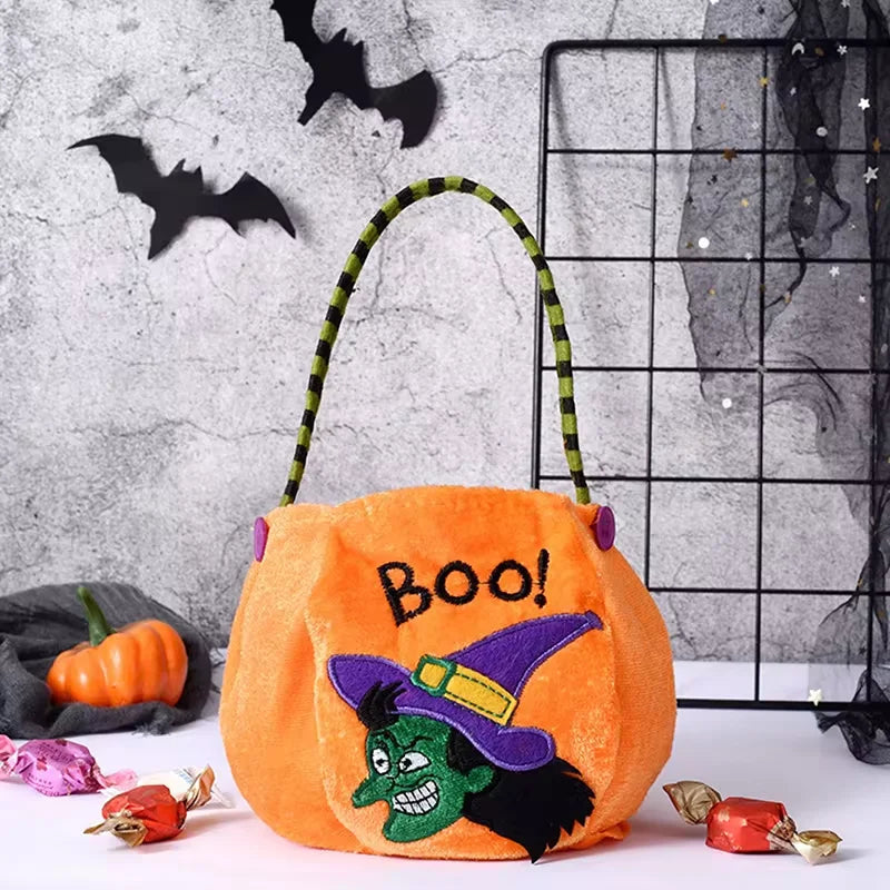 Halloween-Tasche in Kürbisform für Kinder für Süßes-oder-Saures, Schulfest und Party – ca. 25 × 13 cm, Plüschstoff, Henkel, 4 Farben