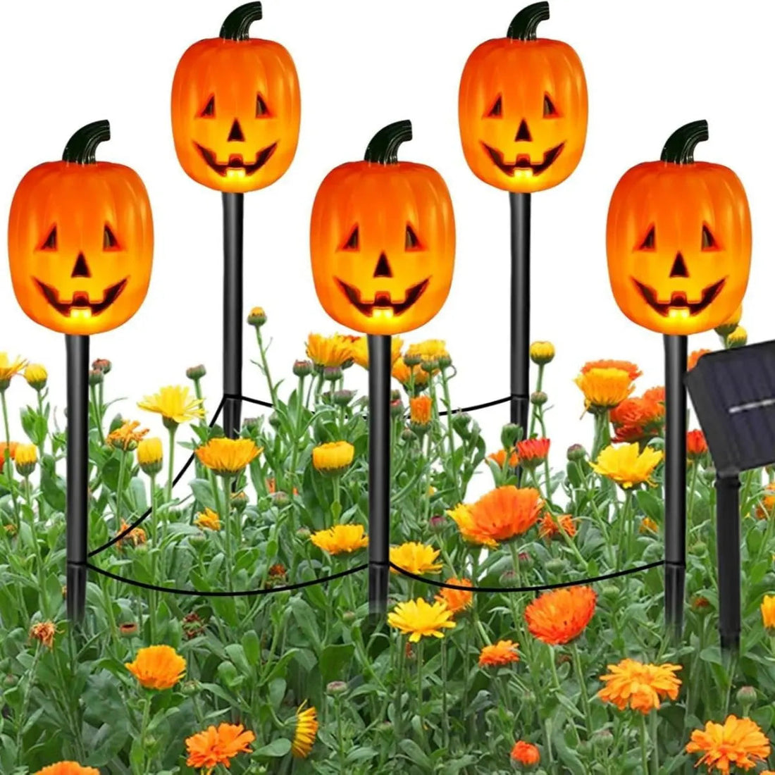 Solar-Gartenleuchten als Kürbis oder Geist für Garten und Terrasse – 5er-Set, Halloween-Deko, 8 Lichtmodi, IP55, 35 cm, 3 Motive
