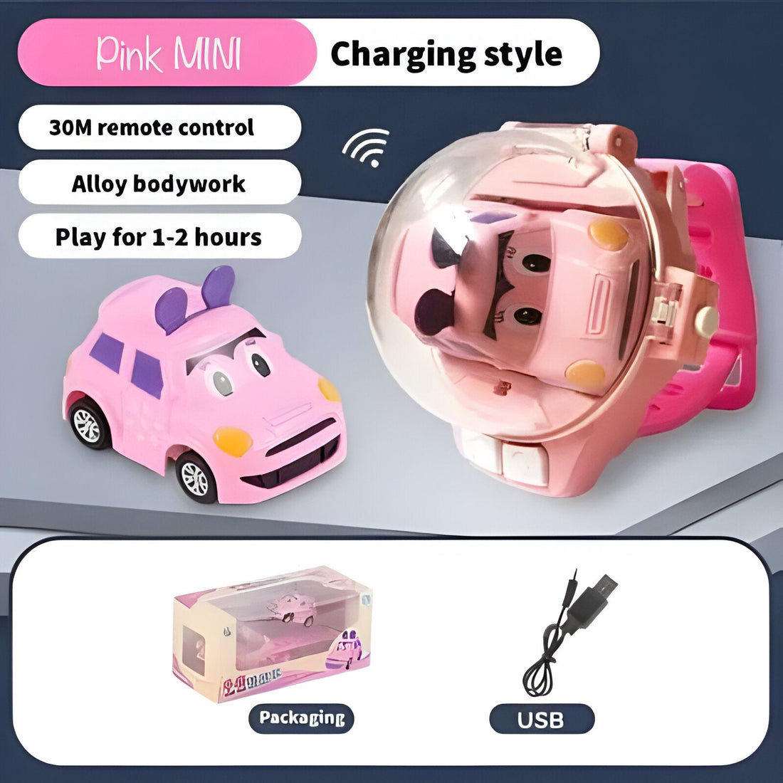 Spielzeuguhr mit abnehmbarem, ferngesteuertem Mini-Auto für Kinder zum Spielen unterwegs – Uhr als Fernbedienung, 2 Tasten, USB-Akku, 5 Farben