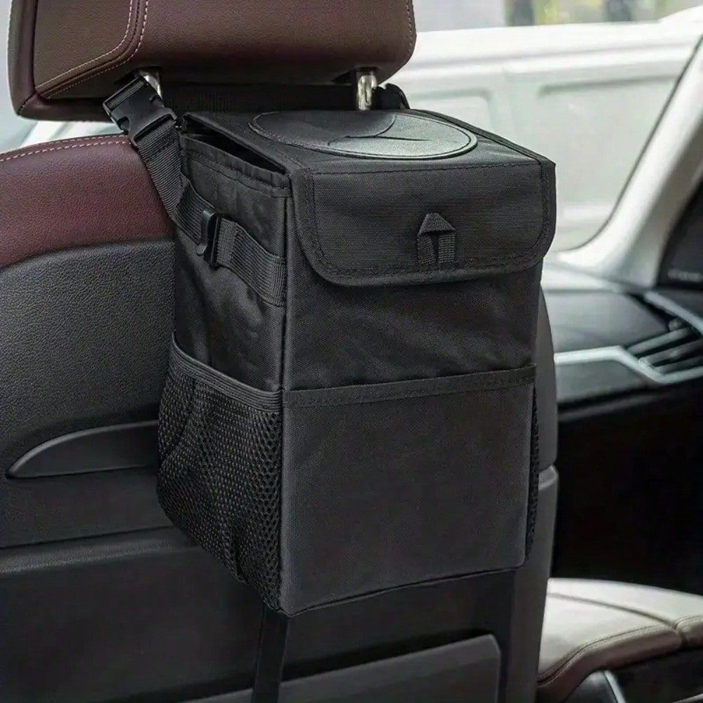 Hängender Auto-Mülleimer aus Nylon mit Deckel für Kopfstütze, Mittelkonsole und Tür – wasserdicht, faltbar, Seitentaschen, ca. 17 × 16 × 24 cm
