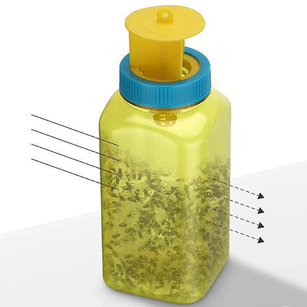 Wiederverwendbare Fruchtfliegenfalle als Flasche zum Aufhängen für Obstbäume, Gemüsebeet und Terrasse – ca. 26 × 8,5 cm, 4 Einflugöffnungen, Lockduft