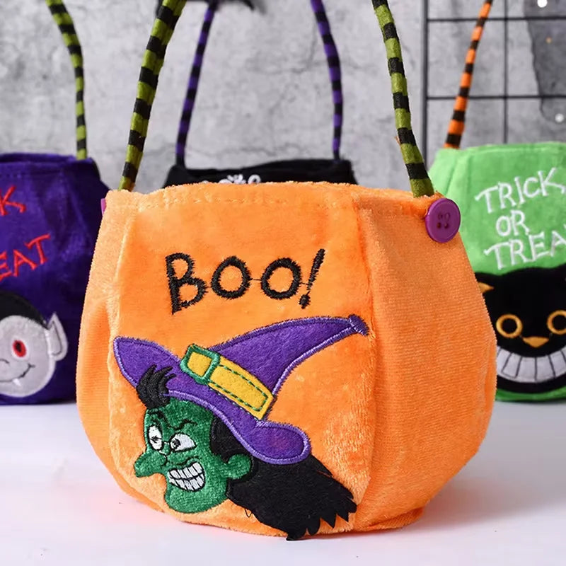 Halloween-Tasche in Kürbisform für Kinder für Süßes-oder-Saures, Schulfest und Party – ca. 25 × 13 cm, Plüschstoff, Henkel, 4 Farben