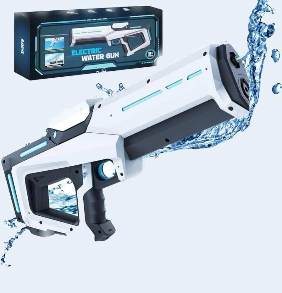 Elektrische Wasserpistole mit Akku und automatischer Befüllung für Garten, Strand und Picknick – 8–10 m Reichweite, 300-ml-Tank, Weiß oder Blau