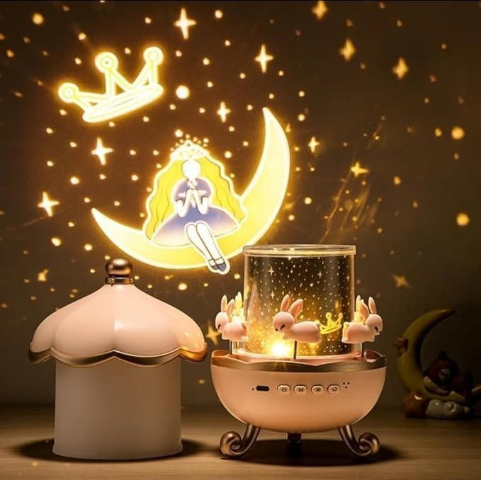 Nachtlicht-Projektor für Kinder mit Bluetooth-Lautsprecher und Schlafliedern für das Kinderzimmer – 6 Motivscheiben, 8 Melodien, 3 Lichtfarben, Akku