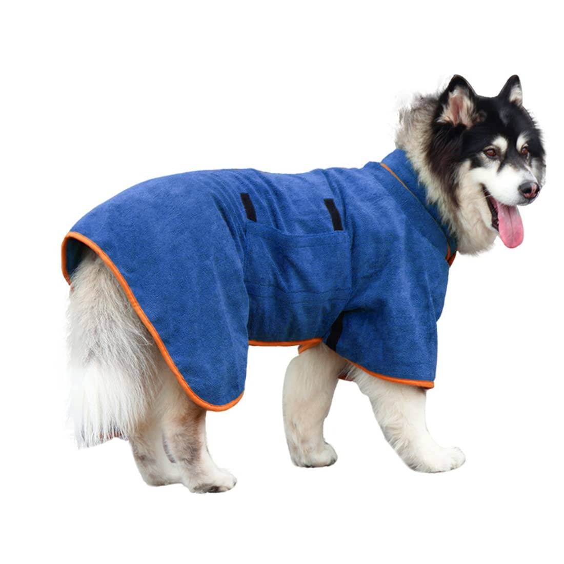 Bademantel für Hunde aus saugfähiger Mikrofaser nach Bad, Regen und Strand – Klettverschluss an Hals und Bauch, waschbar, S bis XL, Blau oder Grün