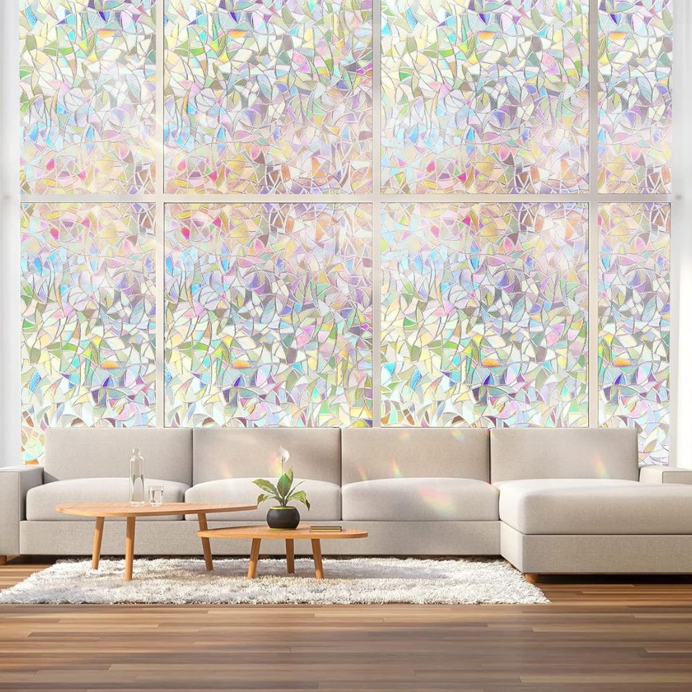Statische Fensterfolie mit Regenbogen- und Buntglas-Effekt als Sichtschutz für Fenster und Bad – 30 × 100 bis 115 × 500 cm, ohne Kleber