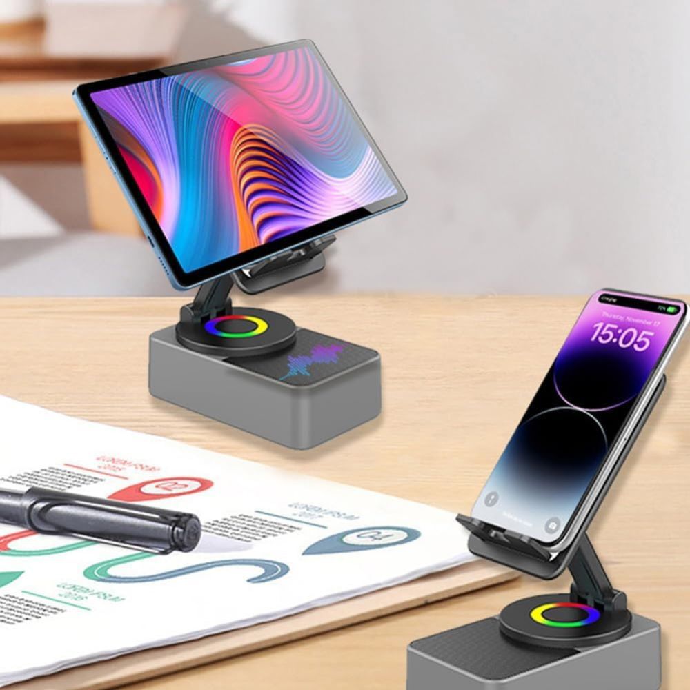 Handy- und Tablet-Halter mit Bluetooth-Lautsprecher und RGB-Leuchtring für Schreibtisch, Nachttisch und Küche – faltbar, neigungsverstellbar, kabellos