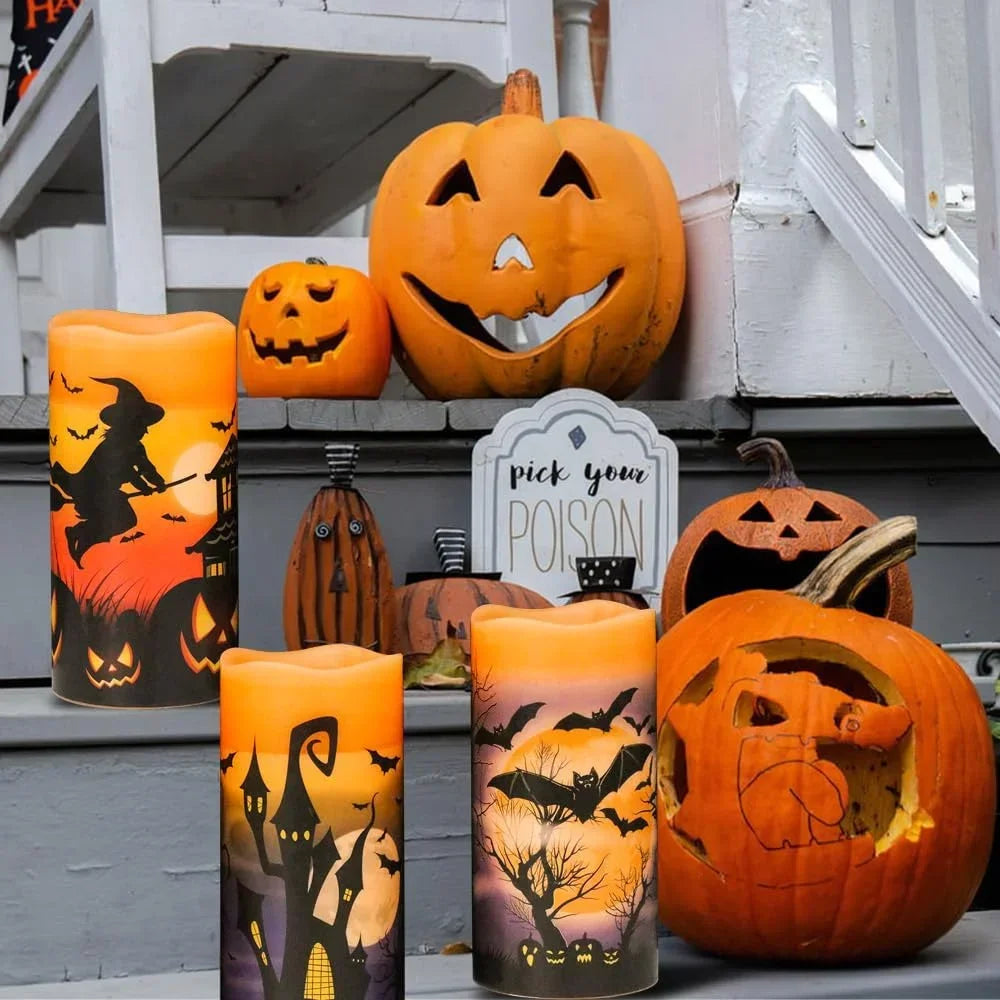 Flammenlose LED-Kerzen aus Echtwachs im 3er-Set mit Hexen-, Fledermaus- und Schlossmotiv für Halloween – flackernd, batteriebetrieben