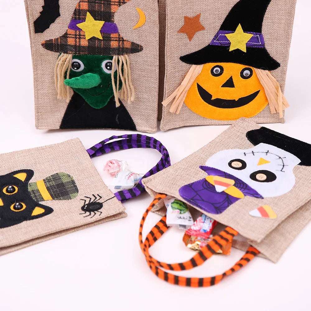 Halloween-Süßigkeitentasche aus Baumwolle und Leinen für Kinder für Süßes-oder-Saures und Party – 26 × 15 cm, handgemacht, 4 Motive