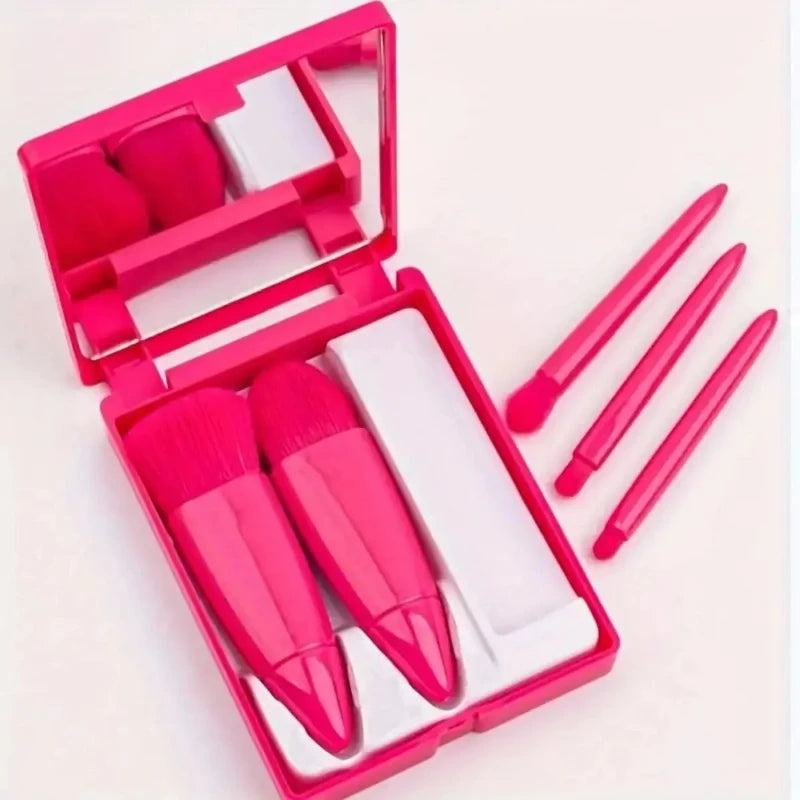 Mini-Pinselset mit 5 Schminkpinseln im Etui mit Spiegel für Reise und Handtasche – ca. 11 × 8 × 2,3 cm, staubdicht, 4 Farben