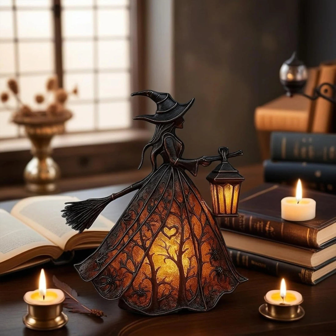 Hexen-Tischlampe aus Kunstharz mit Laterne als Halloween-Deko im Gothic-Stil für Schreibtisch und Kaminsims – warmes Licht, Batterie