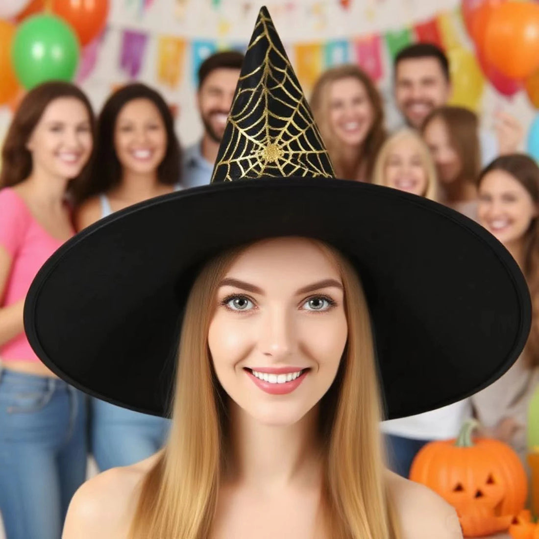 Hexenhut mit Spinnennetz-Muster aus PVC und Gaze für Halloween-Kostüm und Cosplay – 35 × 35 × 38 cm, faltbar, in 7 Farben