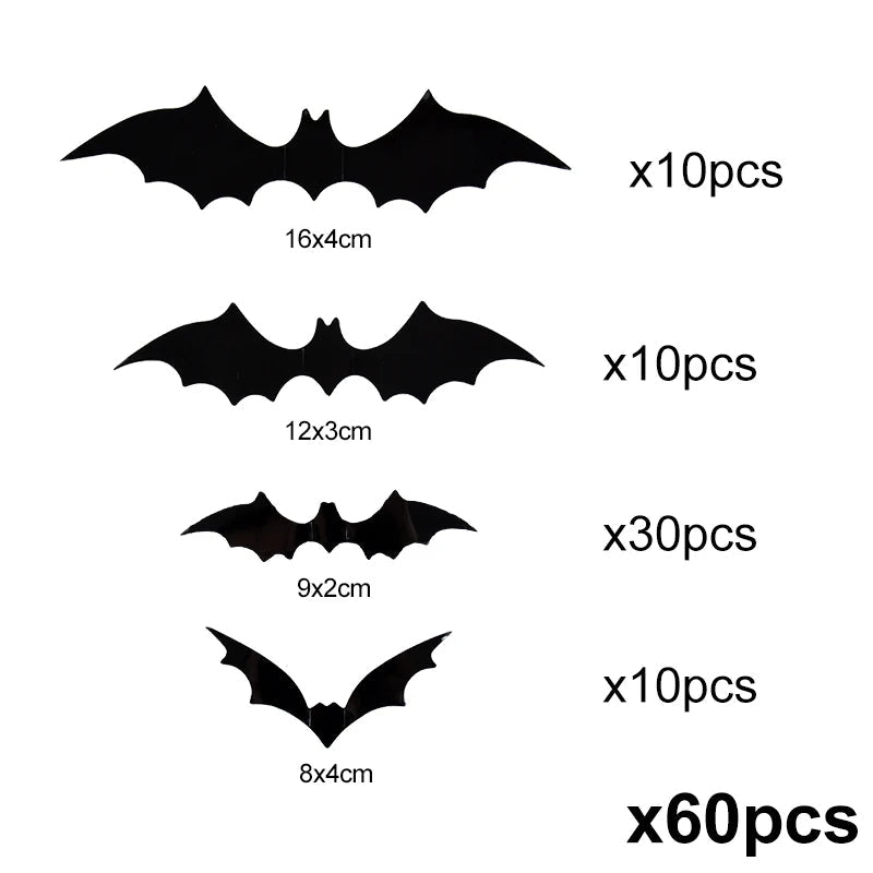 3D-Fledermäuse aus PVC als Halloween-Wandsticker für Wand, Fenster und Tür – 24, 60 oder 120 Stück, verschiedene Größen, Schwarz
