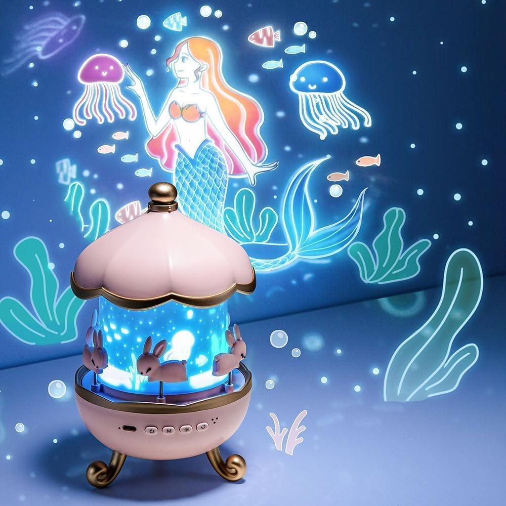 Nachtlicht-Projektor für Kinder mit Bluetooth-Lautsprecher und Schlafliedern für das Kinderzimmer – 6 Motivscheiben, 8 Melodien, 3 Lichtfarben, Akku