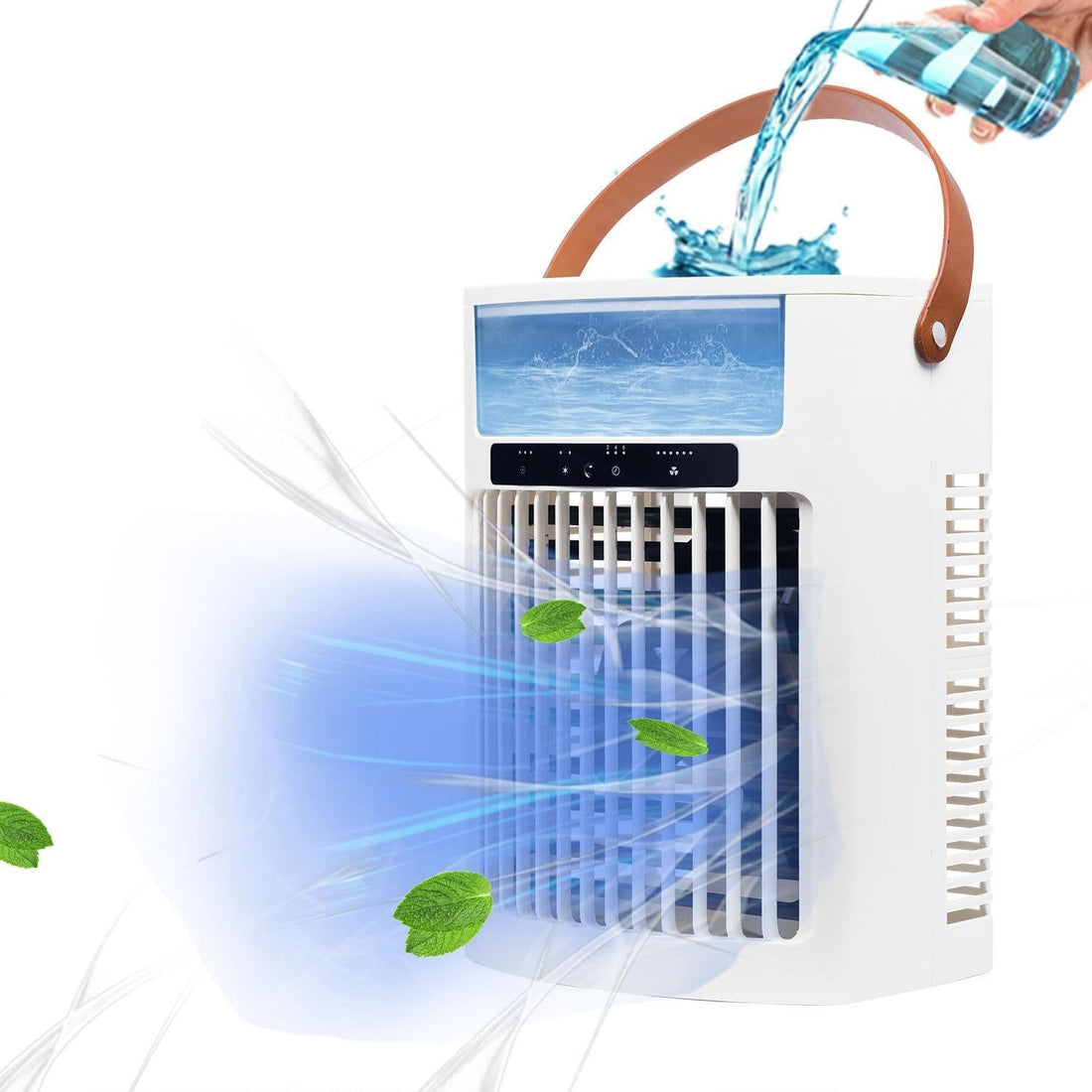 Mini-Luftkühler mit Ultraschall-Sprühnebel und Aktivkohlefilter für Schlafzimmer und Büro – 1-l-Tank, 5 Stufen, Timer, 7 LED-Farben, USB, ABS
