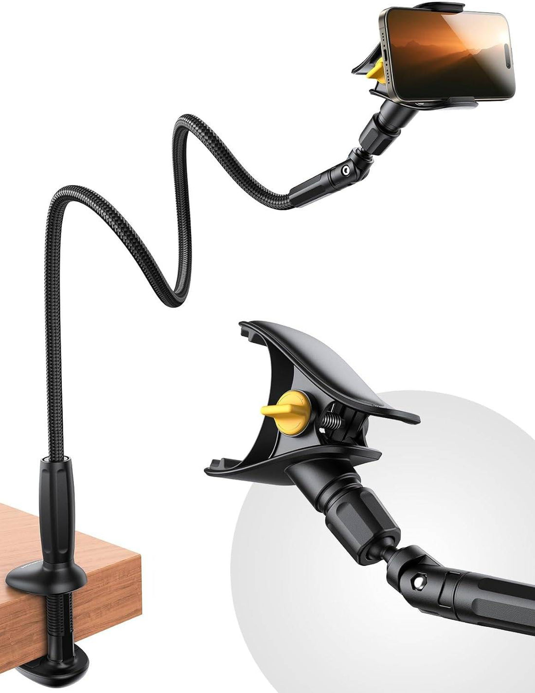 Schwanenhals-Handyhalterung mit Klemme fürs Bett für Serien, Videocalls und Hörbücher – 100 cm flexibler Arm, für Geräte von 4 bis 7 Zoll, Schwarz
