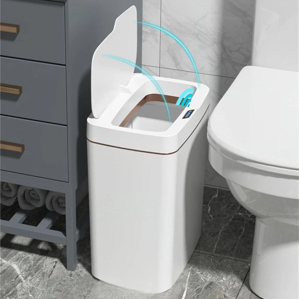 Sensor-Mülleimer mit automatischem Deckel für Küche, Bad und Büro – berührungslos per Infrarot, ca. 15 l, schmal, IPX5, Weiß