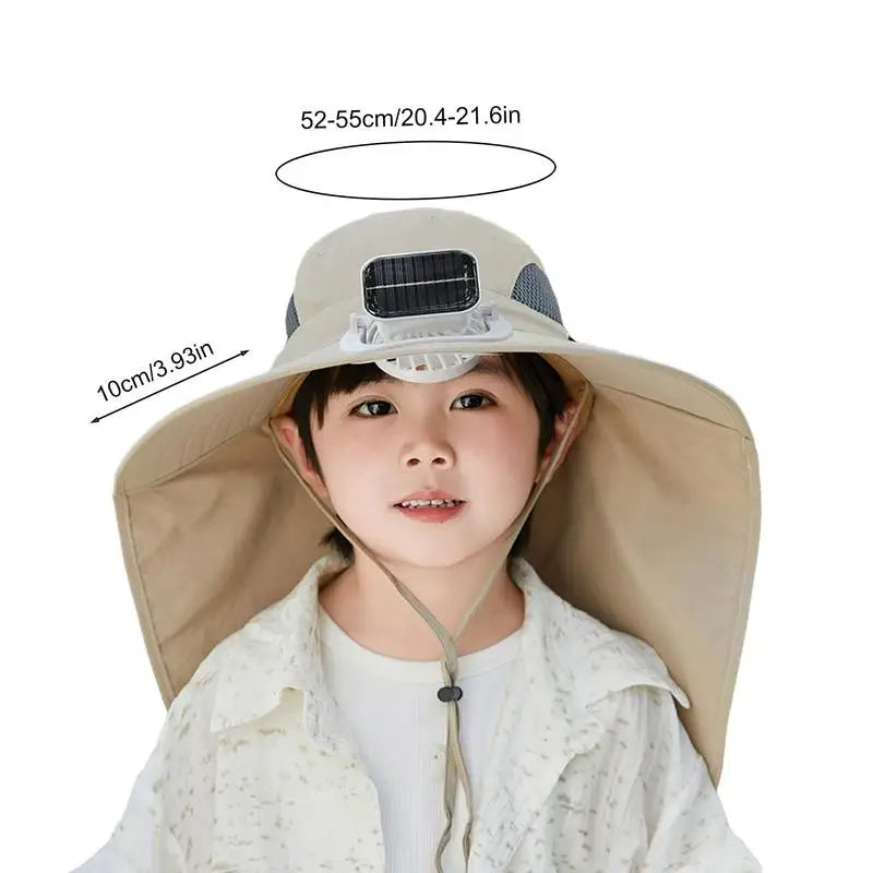 Kinder-Sonnenhut mit Solar-Ventilator und breiter Krempe für Garten, Angeln und Reisen – UPF 50+, 3 Stufen, 800-mAh-Akku, Kopfumfang 52–55 cm