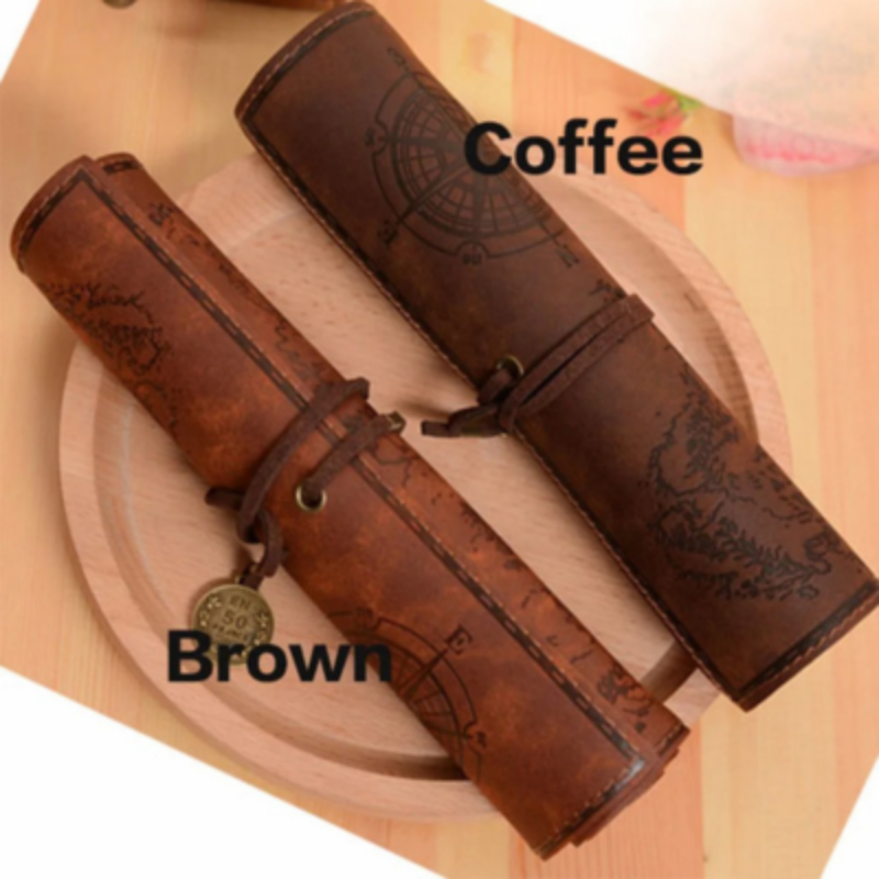 Federmappe aus PU-Leder im Vintage-Stil mit Schatzkarten-Motiv für Schule, Büro und Malbedarf – ca. 21 × 31 cm, zum Aufrollen, Kaffeebraun oder Braun