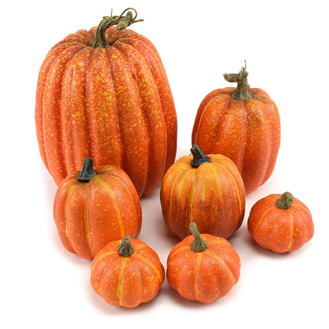 Künstliche Kürbisse aus Schaumstoff im 7er-Set als Herbst- und Halloween-Deko für Tisch und Veranda – 4,5 bis 18 cm hoch, mit Stielen, bemalbar