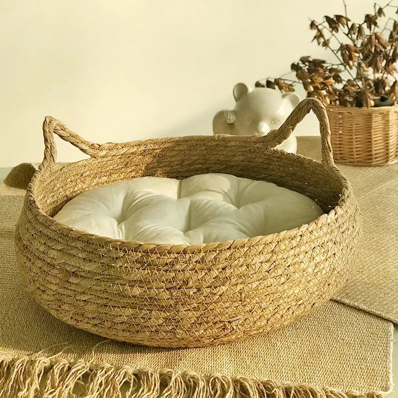 Handgeflochtenes Katzenbett aus Rohrkolbengras mit Wärmekissen für Sommer und Winter – 35 oder 40 cm, atmungsaktiv, Kissen waschbar