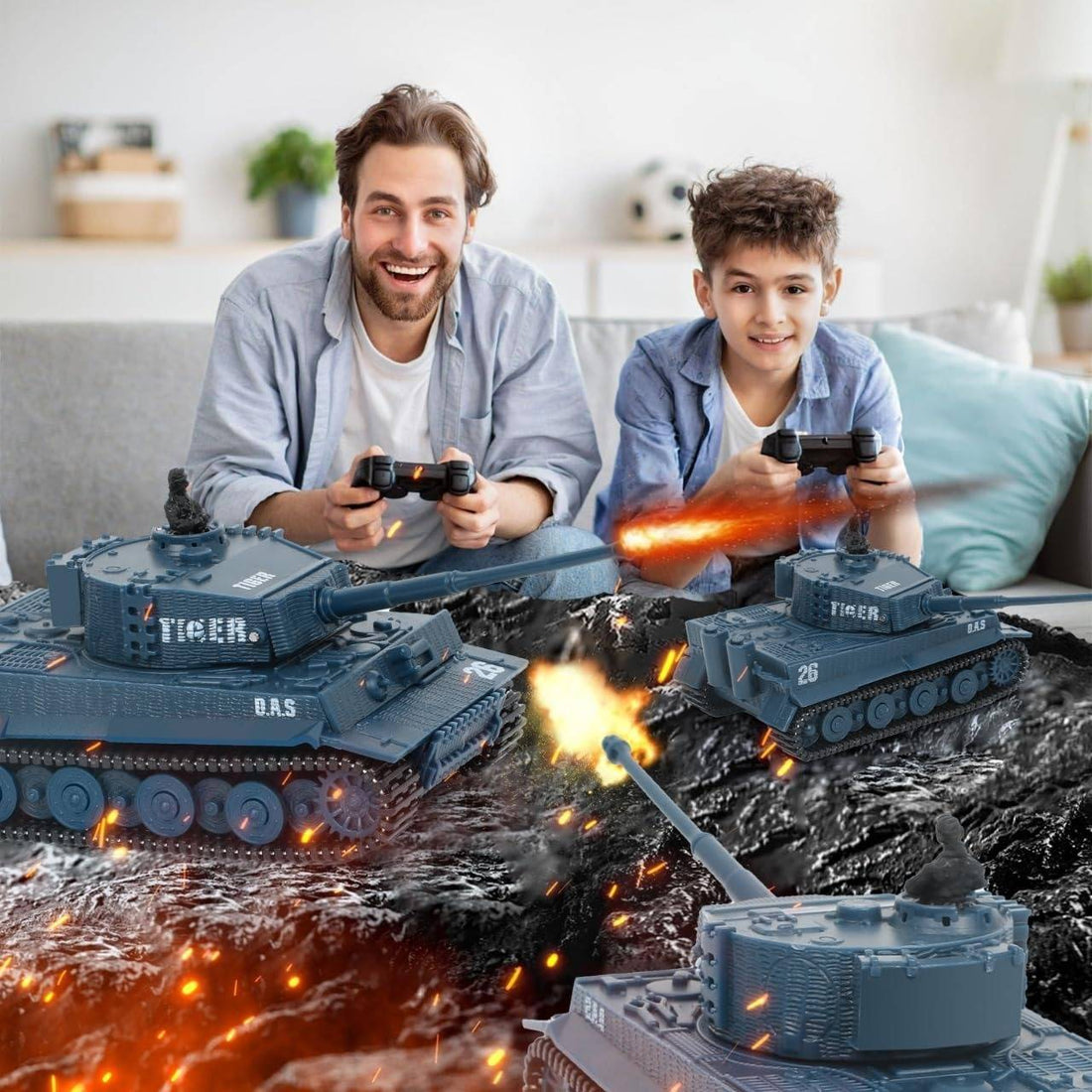 Ferngesteuerter RC-Panzer als Modellpanzer mit Kettenfahrwerk für drinnen und draußen – einstellbare Geschwindigkeit, für Parcours, Blau oder Tarngrün