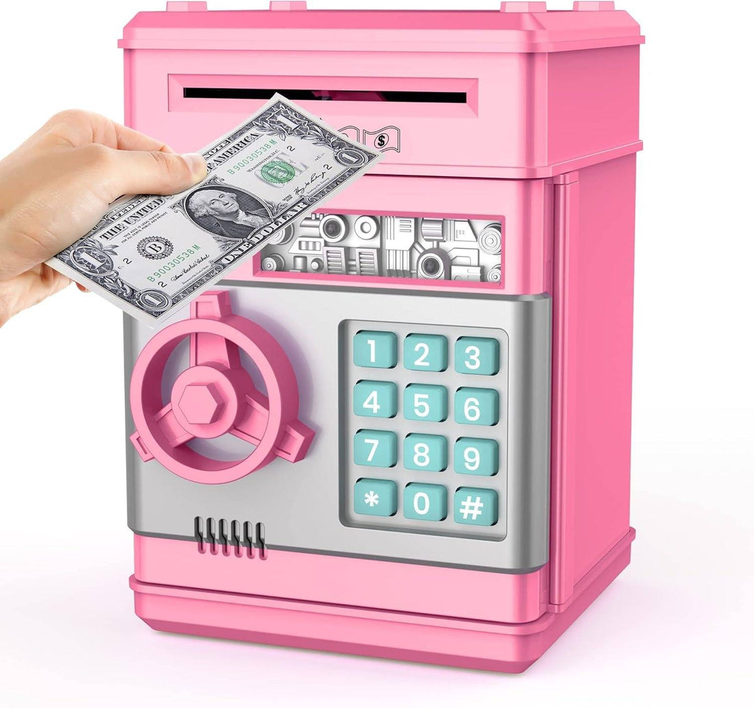 Elektronische Spardose im Geldautomaten-Design für Kinder mit PIN-Code – zieht Scheine automatisch ein, Münzschlitz, Ersatzschlüssel, Blau oder Rosa