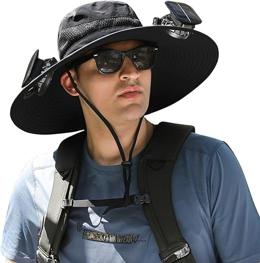 Sonnenhut für Herren mit zwei Solar-Ventilatoren an der Krempe für Gartenarbeit, Wandern und Angeln – ca. 10 cm Krempe, UPF 50+, Kinnband, 3 Farben