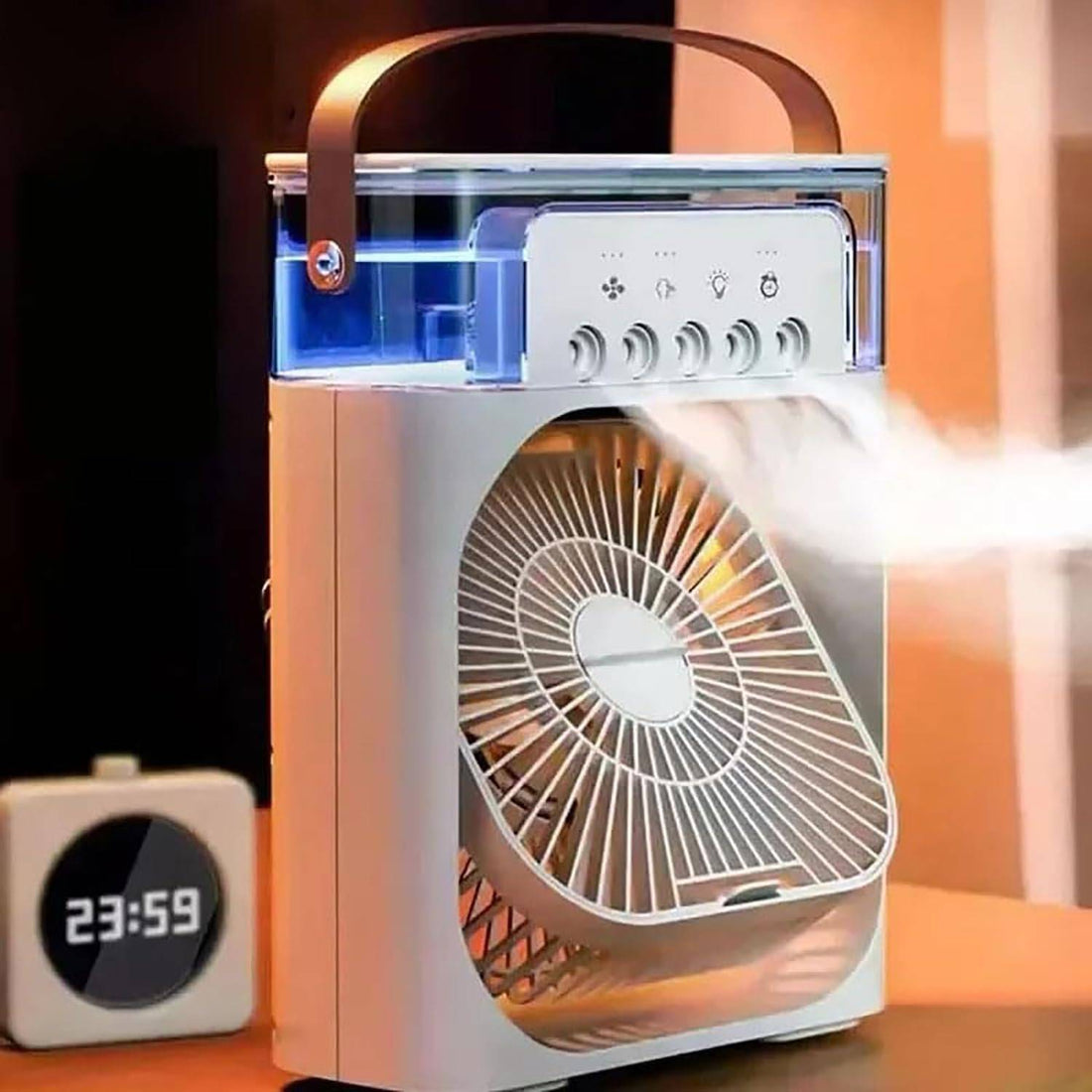 Tischventilator mit Sprühnebel und 600-ml-Tank für Schreibtisch und Arbeitsplatz – 3 Stufen, 180° drehbar, 7 LED-Farben, Timer, USB-C