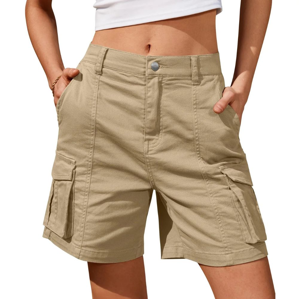 Lockere Cargo-Shorts für Damen mit aufgesetzten Seitentaschen für Freizeit, Wandern und Reisen – Polyester, elastischer Bund, S–XXL, 5 Farben