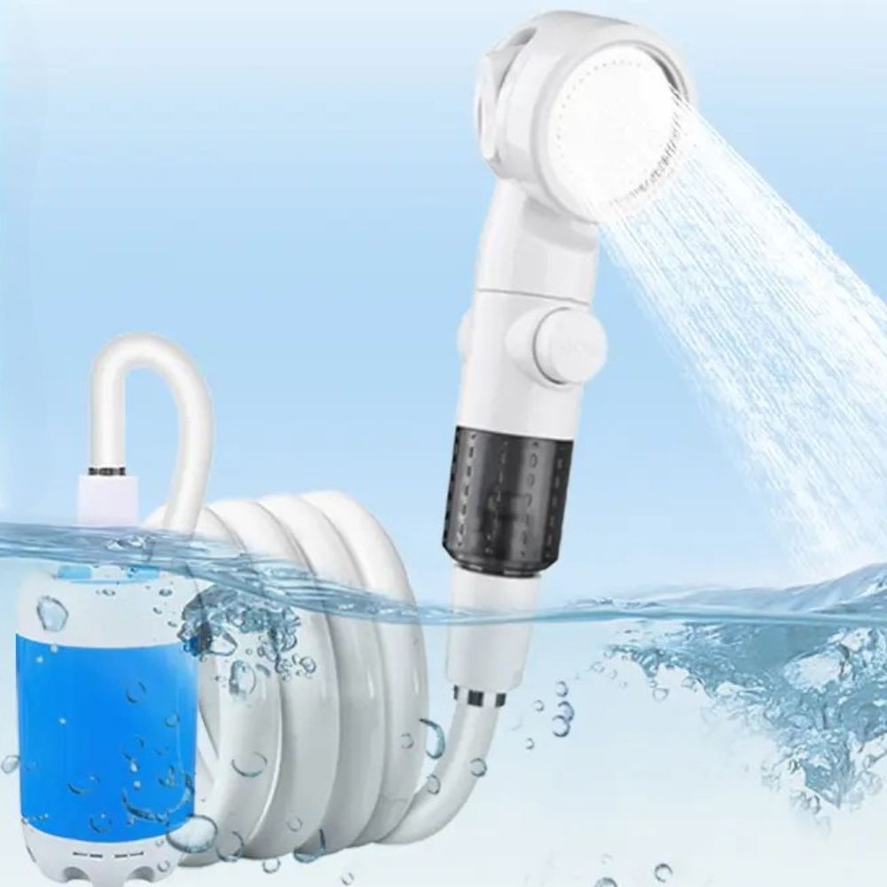 Tragbare Akku-Duschpumpe mit Duschkopf für Camping, Strand und Garten – USB-aufladbar, regelbarer Wasserfluss, Ein-Tasten-Bedienung, leise
