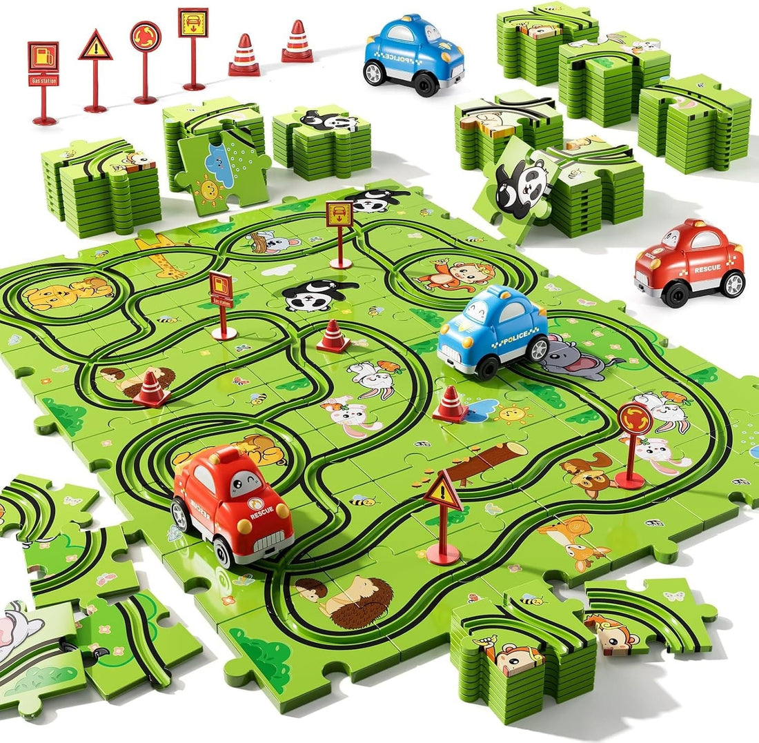 Puzzle-Rennbahn mit Tiermotiven und batteriebetriebenen Autos für Kinder von 2 bis 6 Jahren – 48 Teile, 2 Autos, 6 Verkehrsschilder, BPA-frei