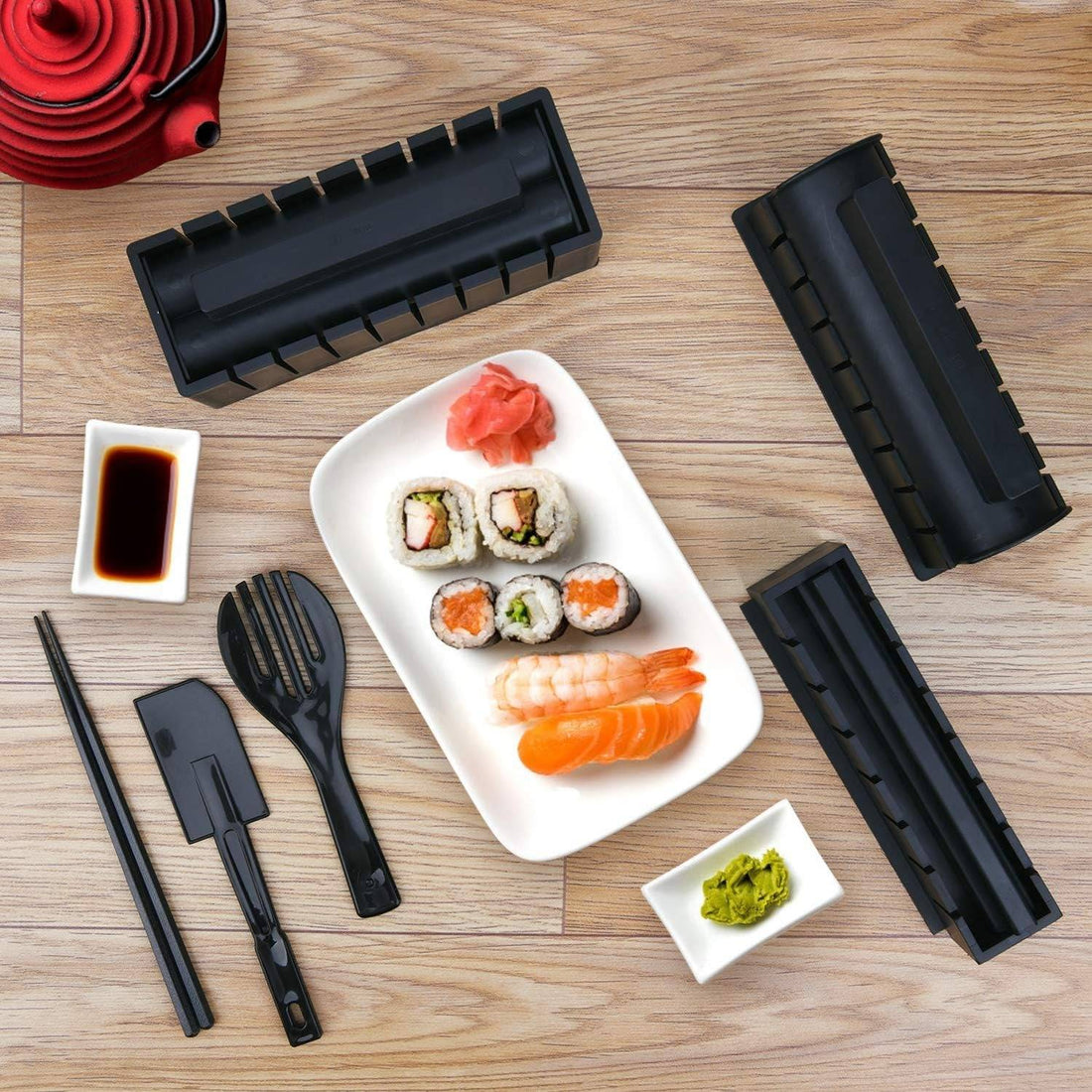 Sushi-Form-Set für selbstgemachte Maki-Rollen für Familie, WG und Kochabende – Pressform mit Deckel, Reislöffel und Spatel, gleichmäßige Rollen