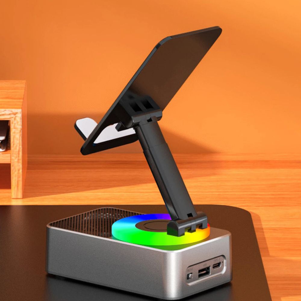 Handy- und Tablet-Halter mit Bluetooth-Lautsprecher und RGB-Leuchtring für Schreibtisch, Nachttisch und Küche – faltbar, neigungsverstellbar, kabellos
