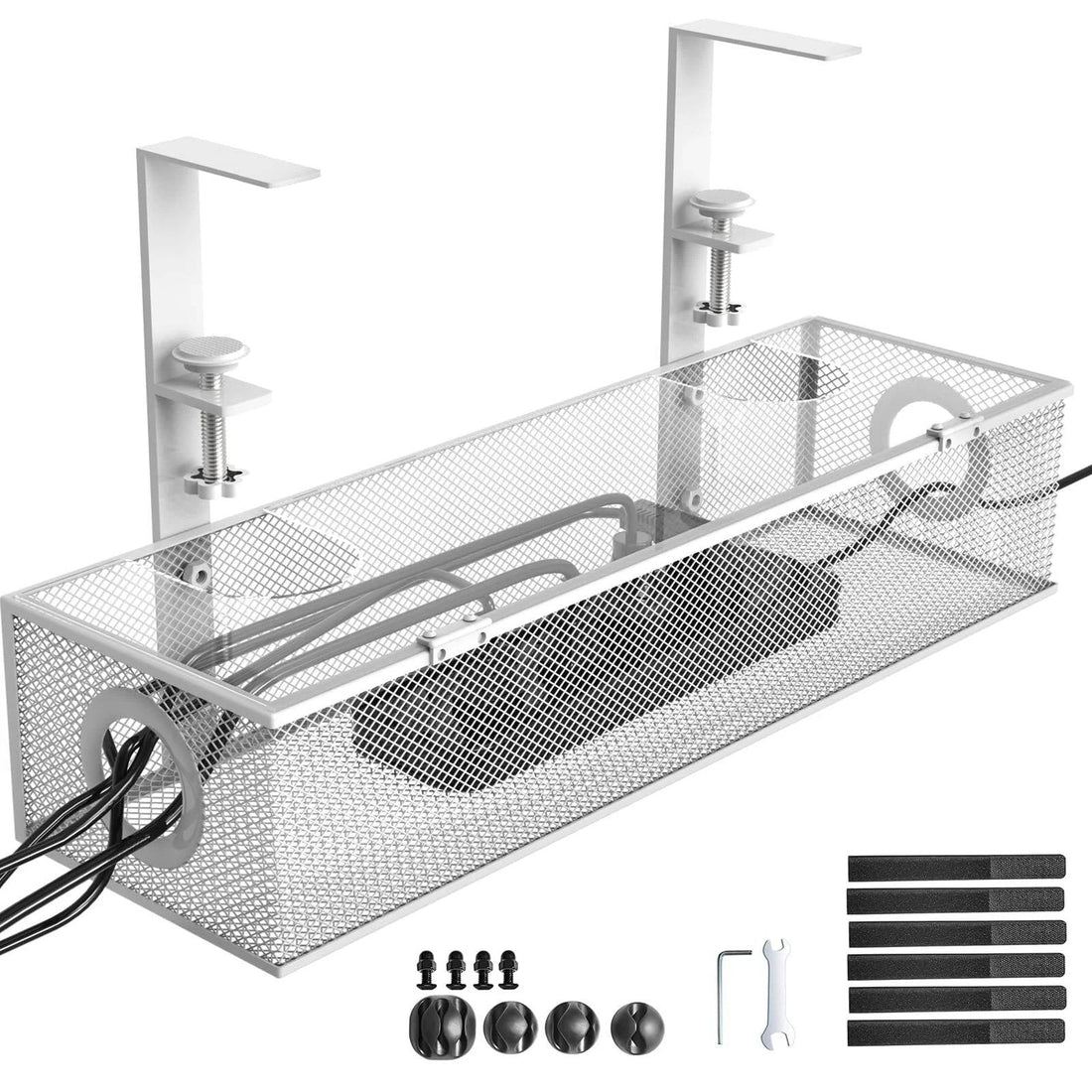 Kabelwanne aus Metallgitter zur Montage unter dem Schreibtisch für Büro und Homeoffice – Klemmhalterung, Kabeldurchführungen, Stahl, Schwarz oder Weiß