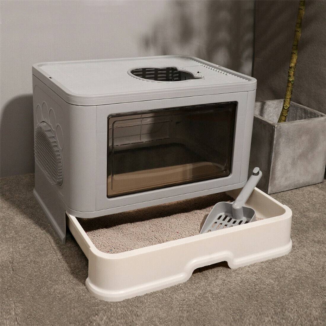 Geschlossene Katzentoilette mit Einstieg vorn und Ausstieg oben für Katzen bis 10 kg – 50 × 38 × 37 cm, faltbar, mit Schublade und Schaufel