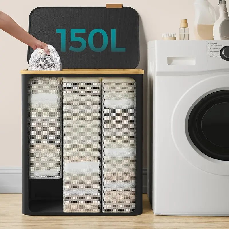 Wäschekorb mit Deckel und 3 herausnehmbaren Wäschesäcken für Bad, Schlafzimmer und Waschküche – 150 Liter, 3 Fächer, faltbar, in 3 Farben