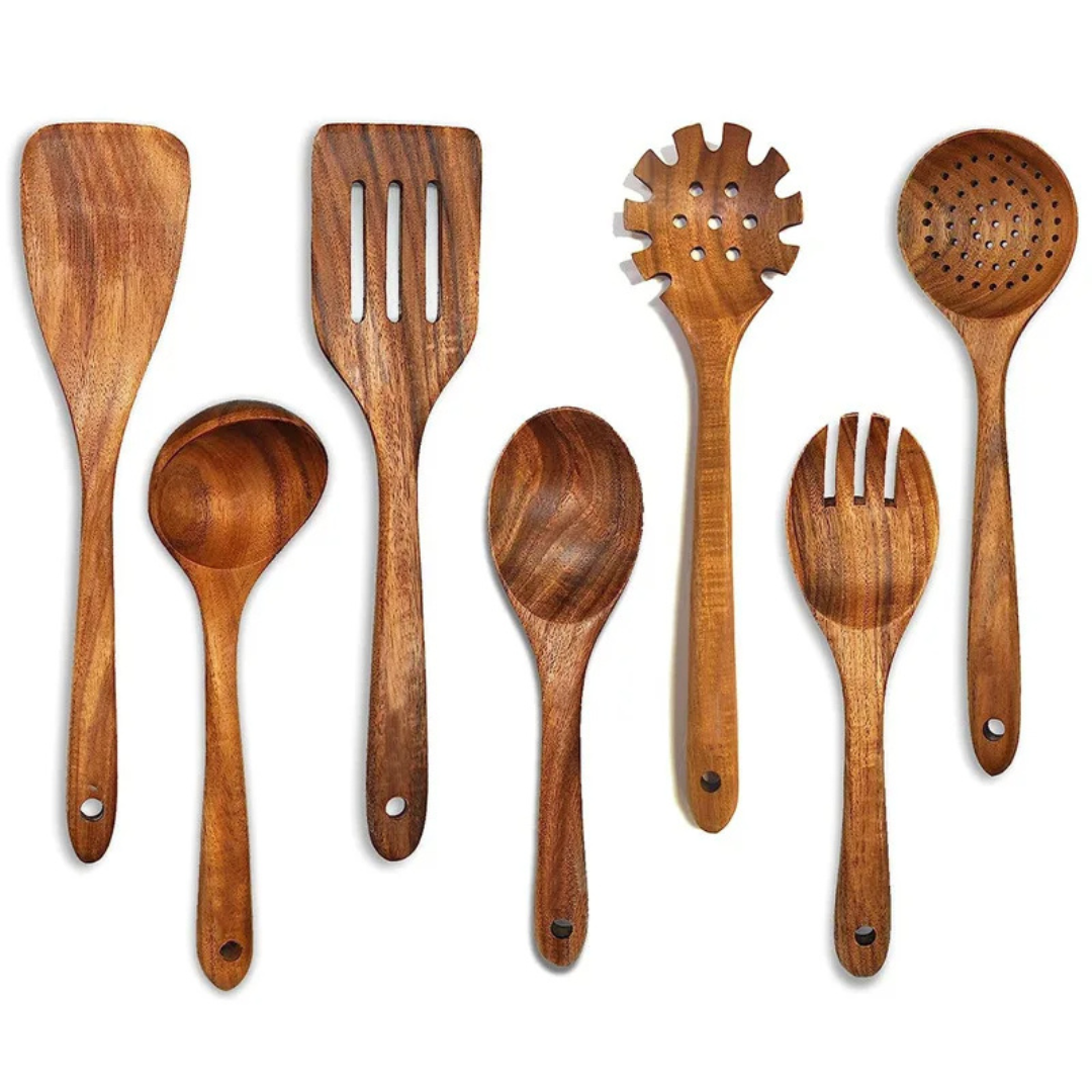 Küchenhelfer-Set aus Teakholz für beschichtete Pfannen und Töpfe – 5- oder 7-teilig, ca. 25–33 cm lang, glatte Kanten, hitzebeständig, Naturholz