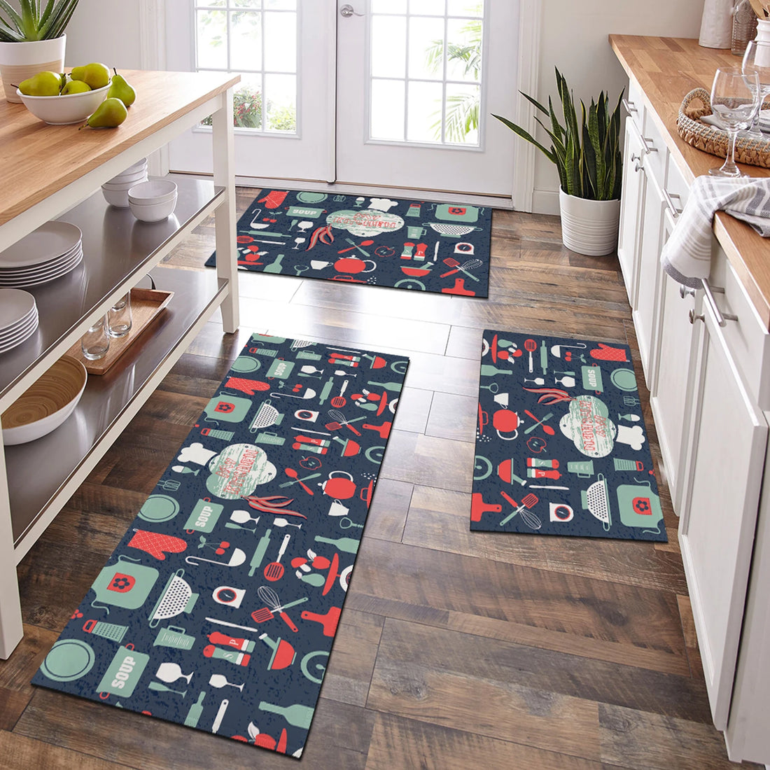 Öl- und wasserabsorbierende Küchenmatte mit Küchenmotiven für Küche, Bad und Veranda – 40 × 60 bis 40 × 120 cm, ca. 3 mm dick, rutschfest, 4 Motive