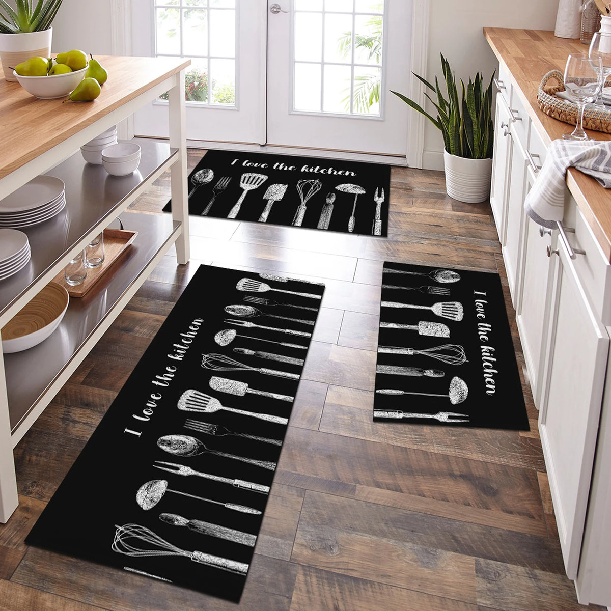 Öl- und wasserabsorbierende Küchenmatte mit Küchenmotiven für Küche, Bad und Veranda – 40 × 60 bis 40 × 120 cm, ca. 3 mm dick, rutschfest, 4 Motive