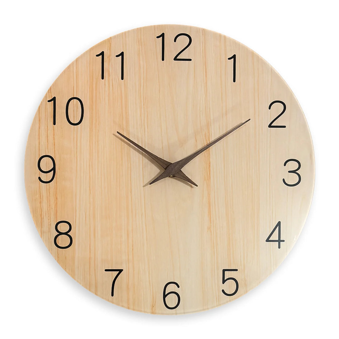 Runde Wanduhr aus gehärtetem Glas in heller Holzmaserung für das Wohnzimmer – Ø 29,7, 34,7 oder 39,5 cm, Zeiger aus Massivholz, geräuschlos