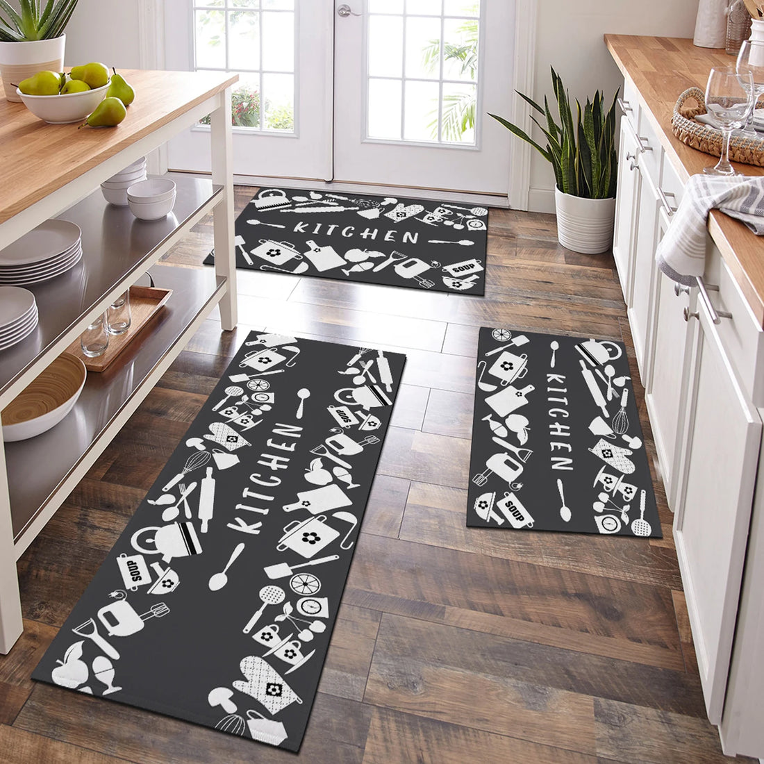 Öl- und wasserabsorbierende Küchenmatte mit Küchenmotiven für Küche, Bad und Veranda – 40 × 60 bis 40 × 120 cm, ca. 3 mm dick, rutschfest, 4 Motive