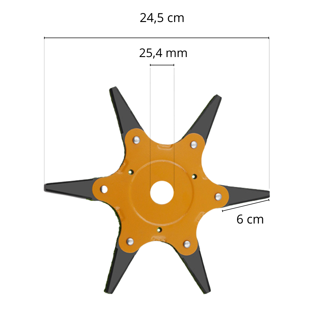 Freischneider-Kopf mit 6 Stahlklingen für Rasen, Unkraut und Gestrüpp – 360°-Schnitt, Ø 24,5 cm, Aufnahme 25,4 mm, Gelb, Grün oder Rot