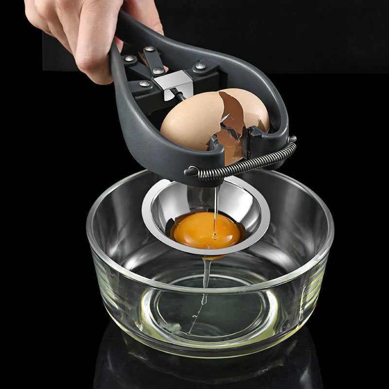 Eieröffner mit Eigelbtrenner zum Aufschlagen roher Eier beim Backen und Kochen – Zangengriff mit Rückstellfeder, Trennsieb aus Edelstahl, 2-in-1