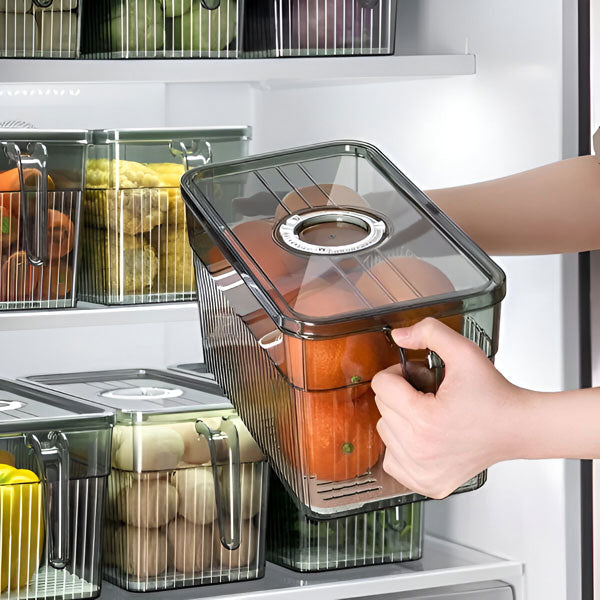 Transparente Kühlschrank-Box mit Belüftungsdeckel für Obst, Gemüse und Snacks – stapelbar, spülmaschinenfest, für Ordnung im Kühlschrank
