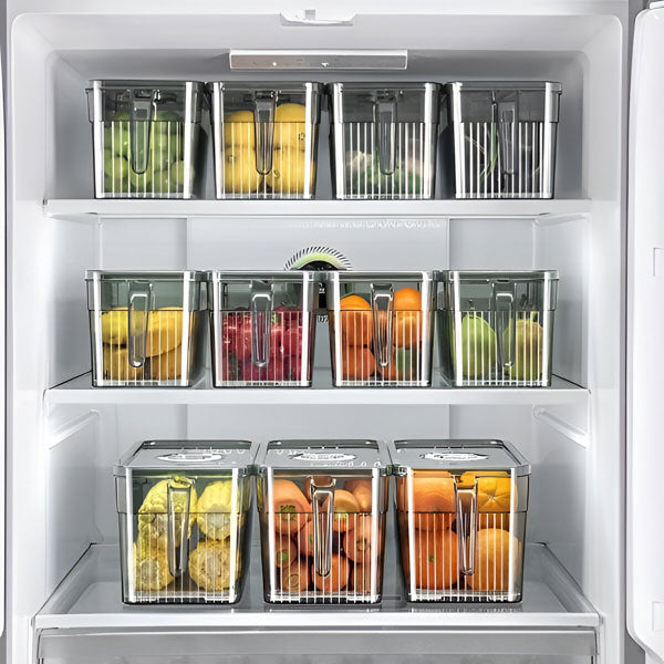 Transparente Kühlschrank-Box mit Belüftungsdeckel für Obst, Gemüse und Snacks – stapelbar, spülmaschinenfest, für Ordnung im Kühlschrank