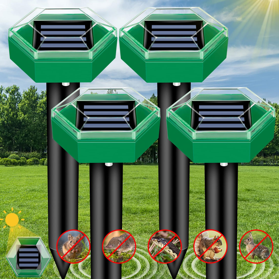 Solar-Maulwurfabwehr mit Ultraschall im 4er-Set für Rasen, Beete und Hausgarten – ohne Fallen und Gift, IP65, Erdspieß, Ein-/Ausschalter